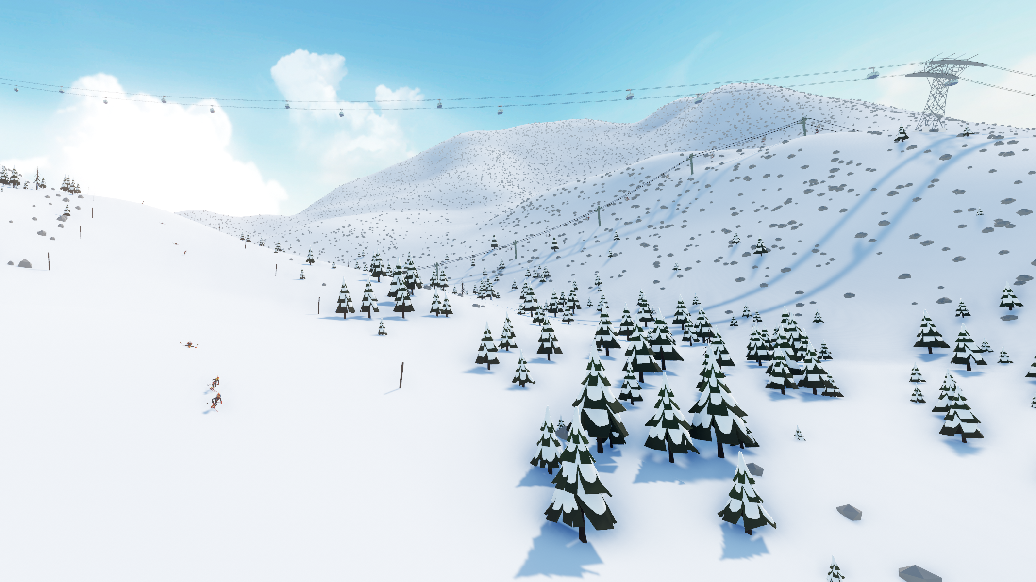 A 3S lift crossing a wide valley with beautiful rocks and smaller lifts with large curving slopes.